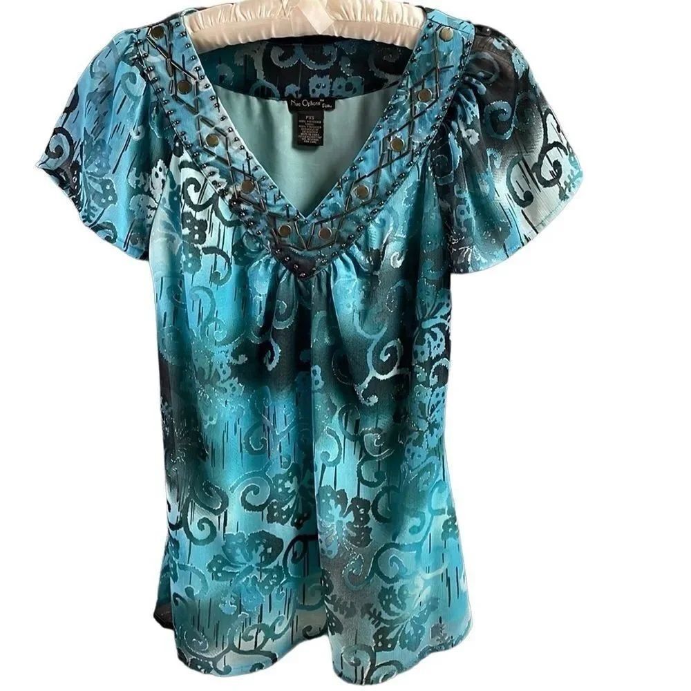 NUE OPTIONS Women’s Blouse Beaded Embellishment Sz Petite XSmall Teal Black PXS